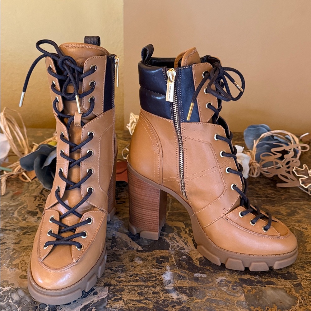 Michael Kors Tan and Black Lace-Up Boots